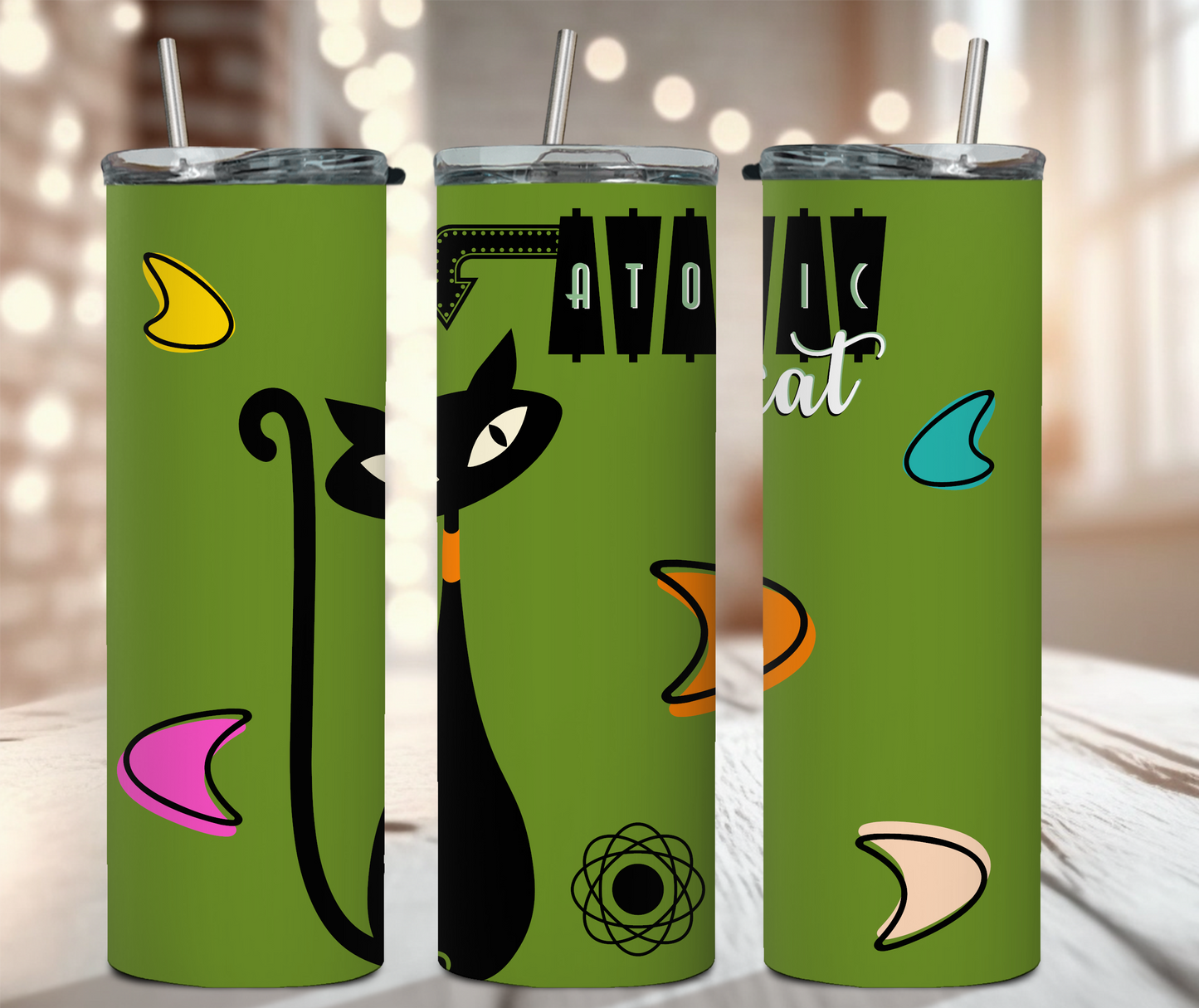 20 oz RETRO Mid-Century Atomic Cat Tumbler GREEN