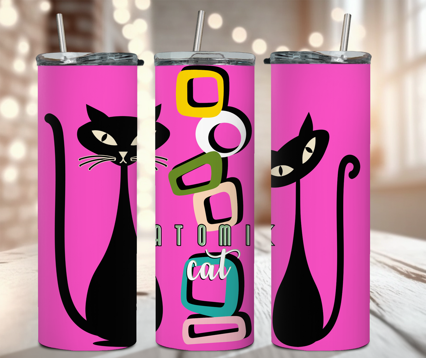 20 oz RETRO Mid-Century Atomic Cat Tumbler PINK